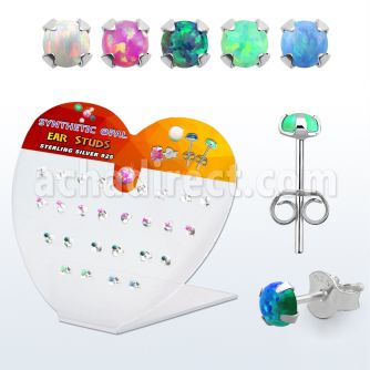 devpo2 display silver ear stud w prong set 2 synthetic opal top