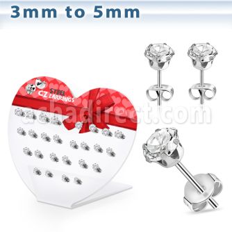 dherz1 stainless steel ear stud withprong clear round cz stone