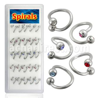 djspe3 316l steel eyebrow spiral with 3mm bezel set jewel ball