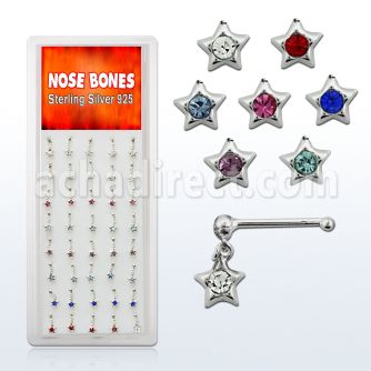 dnbdm2 silver nose bones with dangling star w crystal in colors