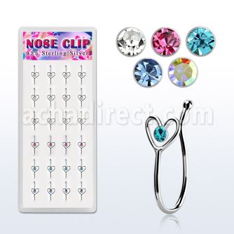 dncl4 box w 24 silver fake nose clips w heart w crystal