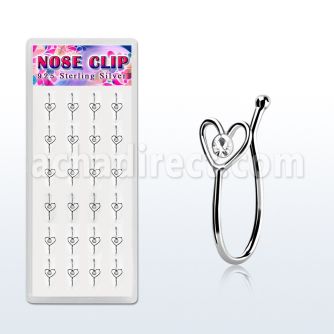 dncl4c box w 24 silver fake nose clips w heart w clear crystal