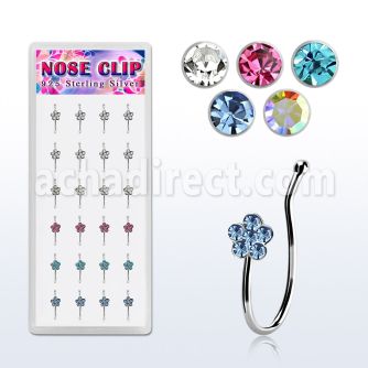 dncl9 box w 24 silver fake nose clips w a crystal flower top