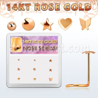 drsc19 box w 9 14kt rose gold nose screws w assorted shaped top
