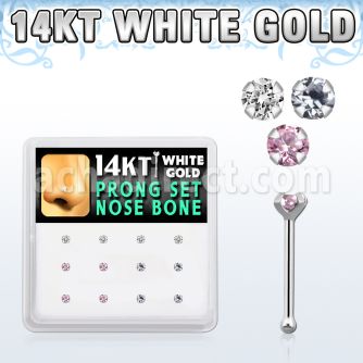 dwnb7 box of 14kt white gold nose bones w color prong set cz