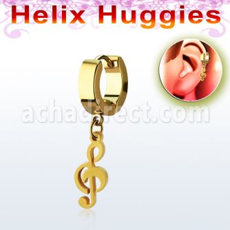ehg709 gold steel helix huggie w dangling gold musical note