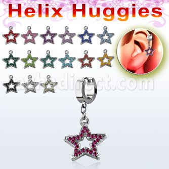 ehh488 steel helix huggie w crystal studded star