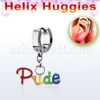 ehh648 helix huggie w a dangling gay pride slogan