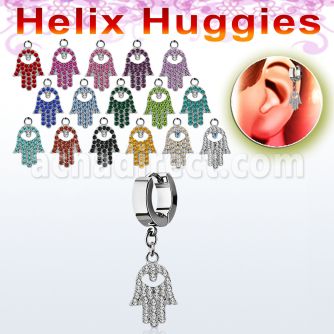 ehh668s helix huggie w a dangling small hamsa design w crystals