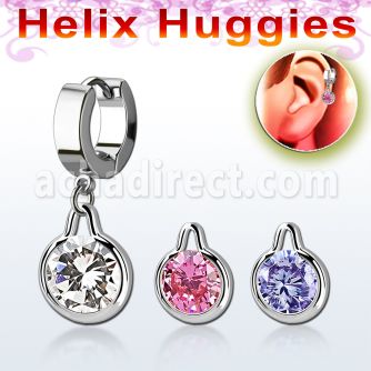 ehhz417 steel helix huggie earring w a round dangling w cz
