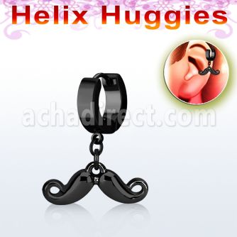 ehk518 black steel helix huggie w a dangling mustache