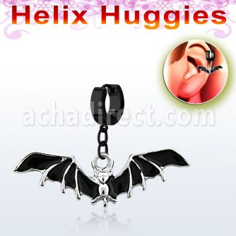 ehk569 black steel helix huggie w dangling black bat