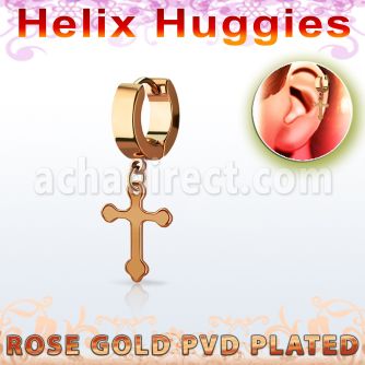 ehrcro rose gold stainless steel helix huggie w dangling cross 
