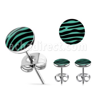 er234 pair of steel earring studs w black blue zebra logo