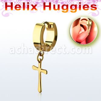 er268cg gold plated steel huggie earring with cross dangling