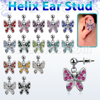 erbd3 316l steel helix ear stud ball with crystal butterfly