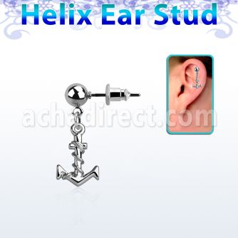 erbd699 steel helix ear stud w dangling plain anchor w rope