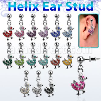 erbd9 316l steel helix ear stud ball with crystal studded duck