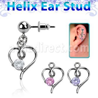 erbz59 316l steel helix ear stud ball with wire heart w cz
