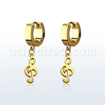 erg709 gold steel huggies earrings w dangling musical note