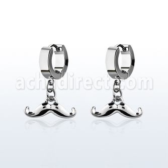 erh517 steel huggies earrings w dangling up turned mustache