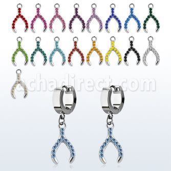 erh669 steel huggies earrings w dangling crystal wish bone