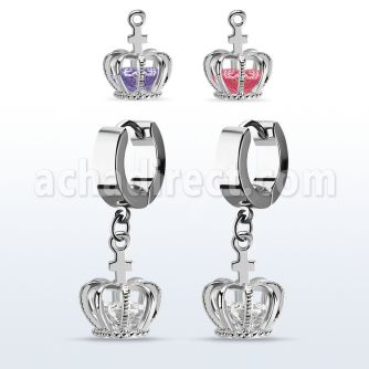 erhz590 stainless steel huggie w dangling crown w cz