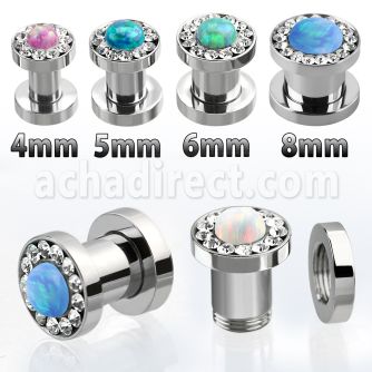 fscpco steel plug w crystal studded rim syntetic opal center