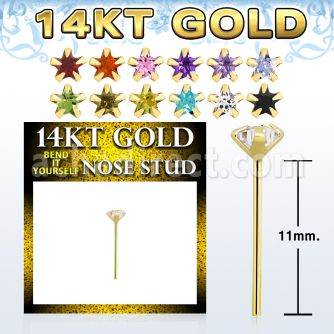 gyzsm1 14kt gold bend it nose stud with 3mm star prong set cz