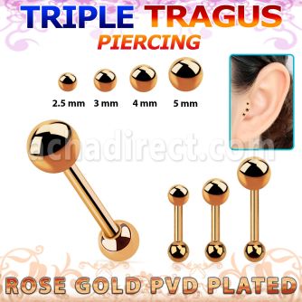 hexttab rose gold steel triple tragus piercing w 2.5  5mm ball