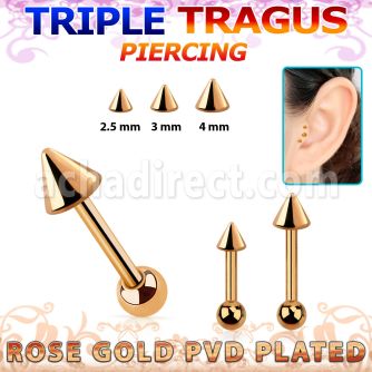 hexttbcn rose gold steel triple tragus piercing w 2.5  4mm cone