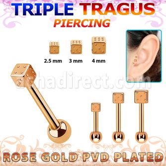 hexttfd rose gold triple tragus piercing w 3 5mm frosted dice