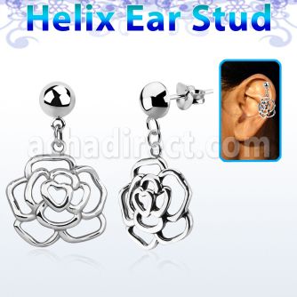 hexvd10 925 silver helix ear stud w dangling 925 silver rose