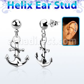 hexvd18 925 silver helix earstud w dangling anchor with rope