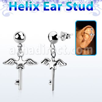 hexvd3 925 silver helix ear stud w dangling star key with wings
