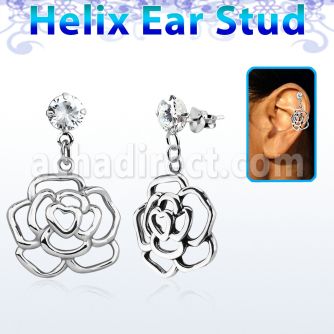 hexzd10 925 silver helix earstud w cz dangling 925 silver rose