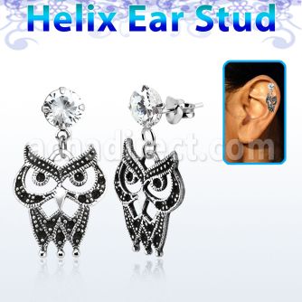 hexzd21 925 silver helix earstud w cz a owl dangling