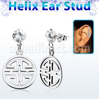 hexzd26 925 silver helix earstud w cz a chiness word dangling