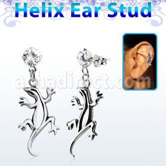 hexzd9 925 silver helix earstud w cz dangling 925 silver lizard