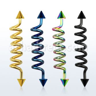 intdcn5 anodized 316l steel industrial coil barbell with cones