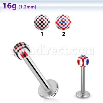 lbdxu steel labret w a 3mm acrylic ball w checker pattern