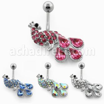 mcd443 316l steel belly banana with peacock w crystal big tail