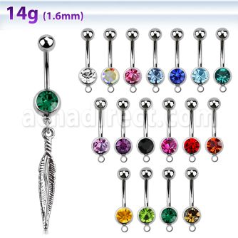 mcd583 316l steel belly banana w jewel ball dangling feather