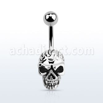 mcd753 surgical steel belly banana with a lower casted skull