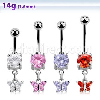mcdz589 steel cz belly banana w dangling butterfly w cz