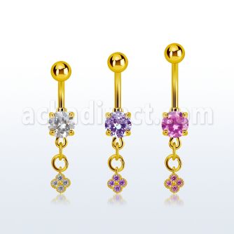 mdgz411 gold steel belly banana w dangling flower w cz stones