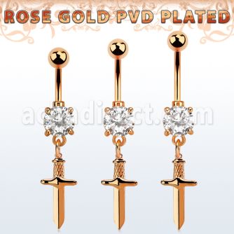 mdrz768 rose gold belly banana w 8mm  cz & dangling dagger