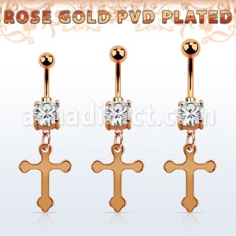 mdrzcro rose gold steel belly banana w cz vintage cross