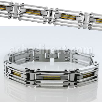mgb20 steel bracelet w layered polished links gold accents