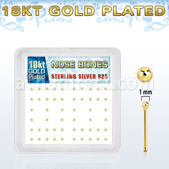 nbx18b1 box of gold plated silver nose bone w 1mm ball shape top